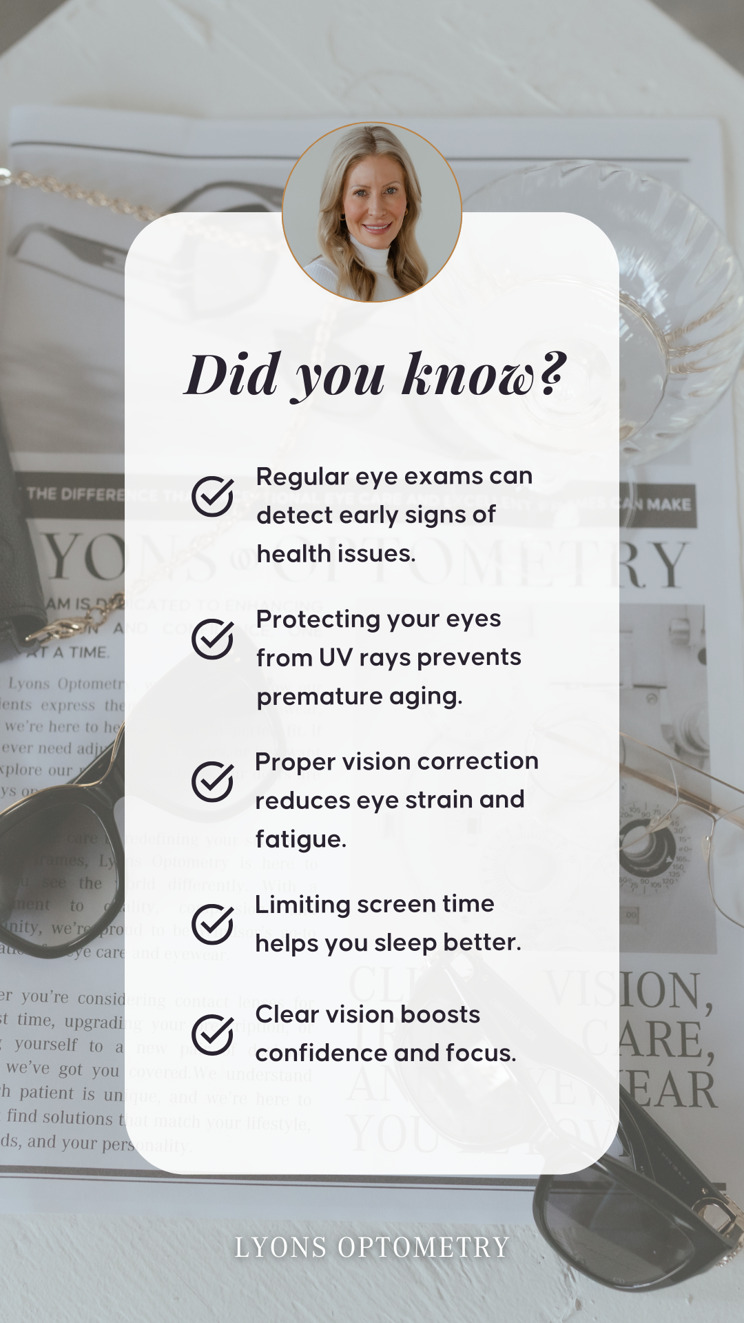 Informational graphic over an image of eyeglasses and eye care pamphlet, promoting eye health tips.