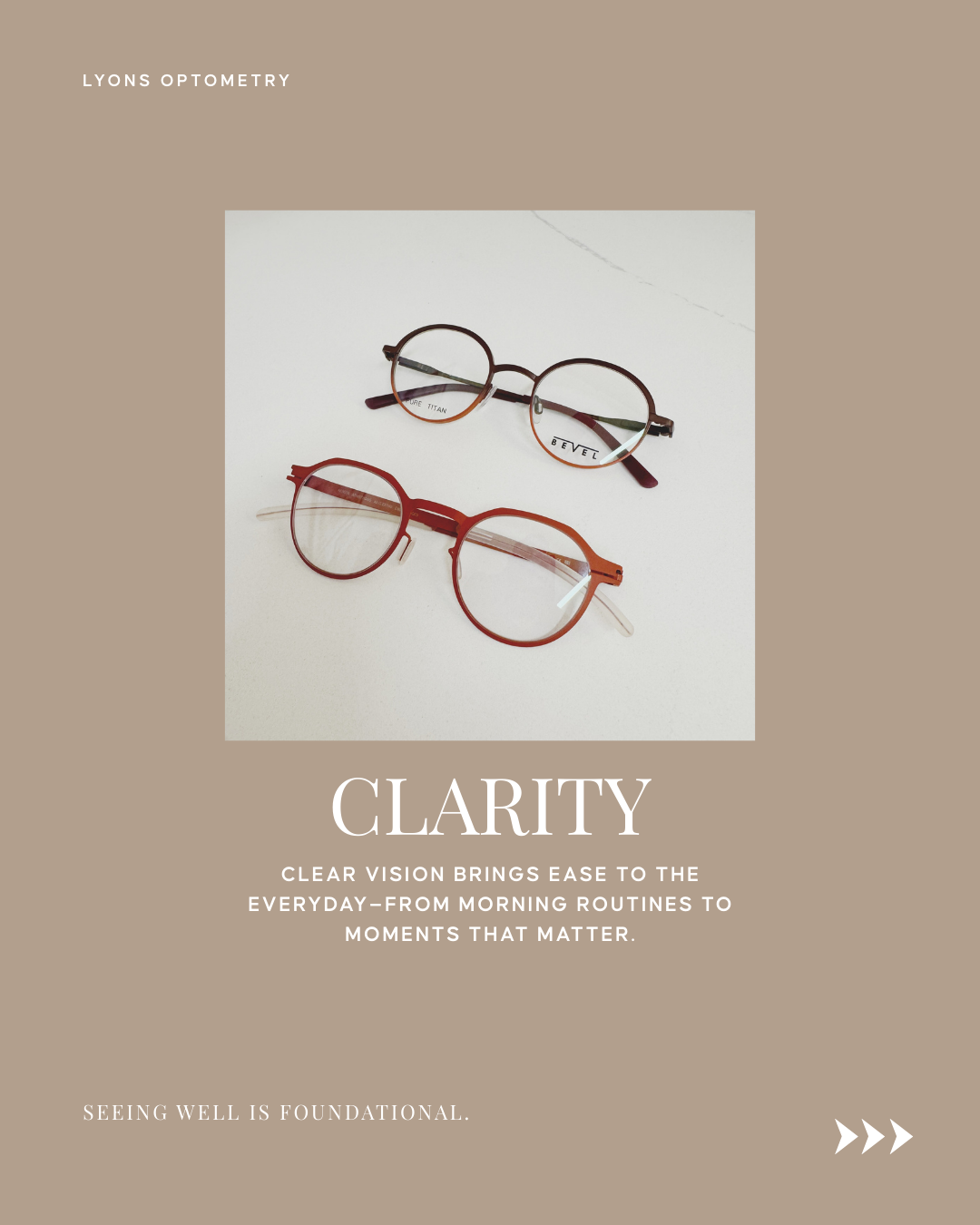 Two pairs of eyeglasses, one with brown frames and one with red frames, placed on a white surface with a beige background. Text promotes clarity and seeing well.