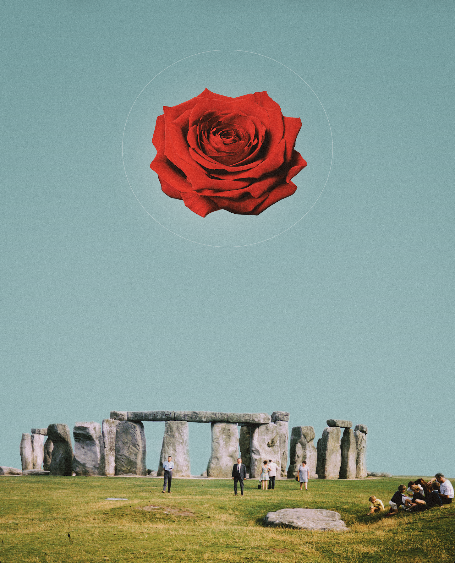 A digital illustration of a red rose floating above Stonehenge with a light blue sky background.