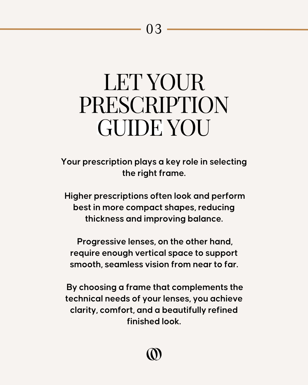 Page 3 with the title 'Let Your Prescription Guide You' discussing how prescription lenses influence frame choice and performance, emphasizing the benefits of frame shapes and types for vision and comfort.