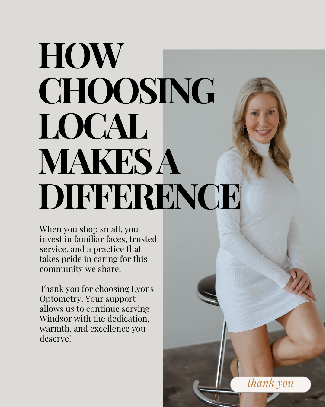Promotional flyer for Lyons Optometry featuring a smiling woman in a white dress and text about supporting local businesses.