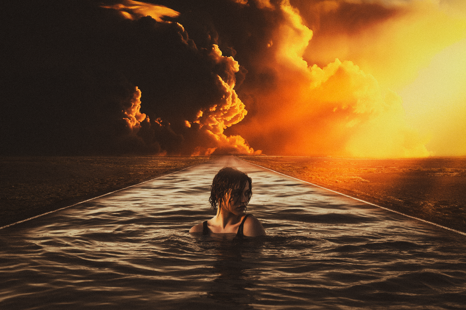 A woman with wet hair standing in water, with a fiery orange and black clouded sky and a bright sunset in the background, creating a surreal and intense scene.