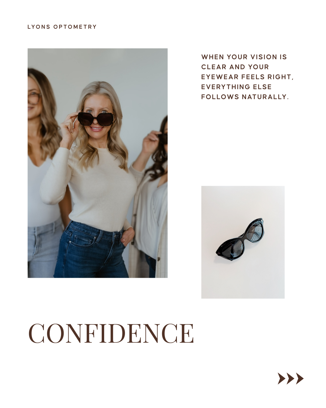 A woman trying on sunglasses at an optometry store, with two other women smiling nearby. An inset shows a pair of sunglasses on a white surface.