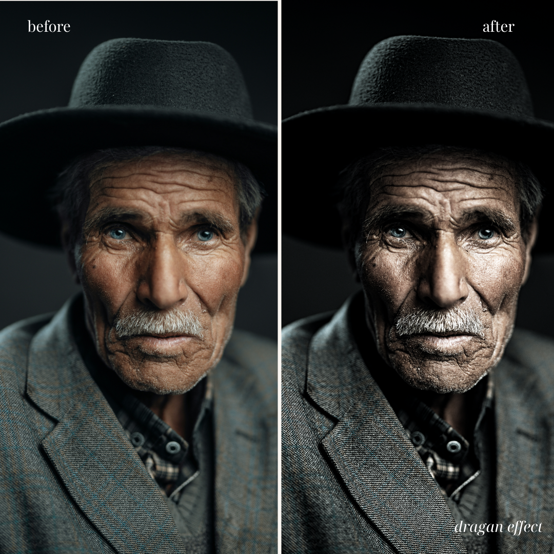 Comparison image showing before and after editing of a portrait of an elderly man with a mustache, wearing a hat and a suit, highlighting the 'dragan effect' with enhanced details and contrast in the after shot.