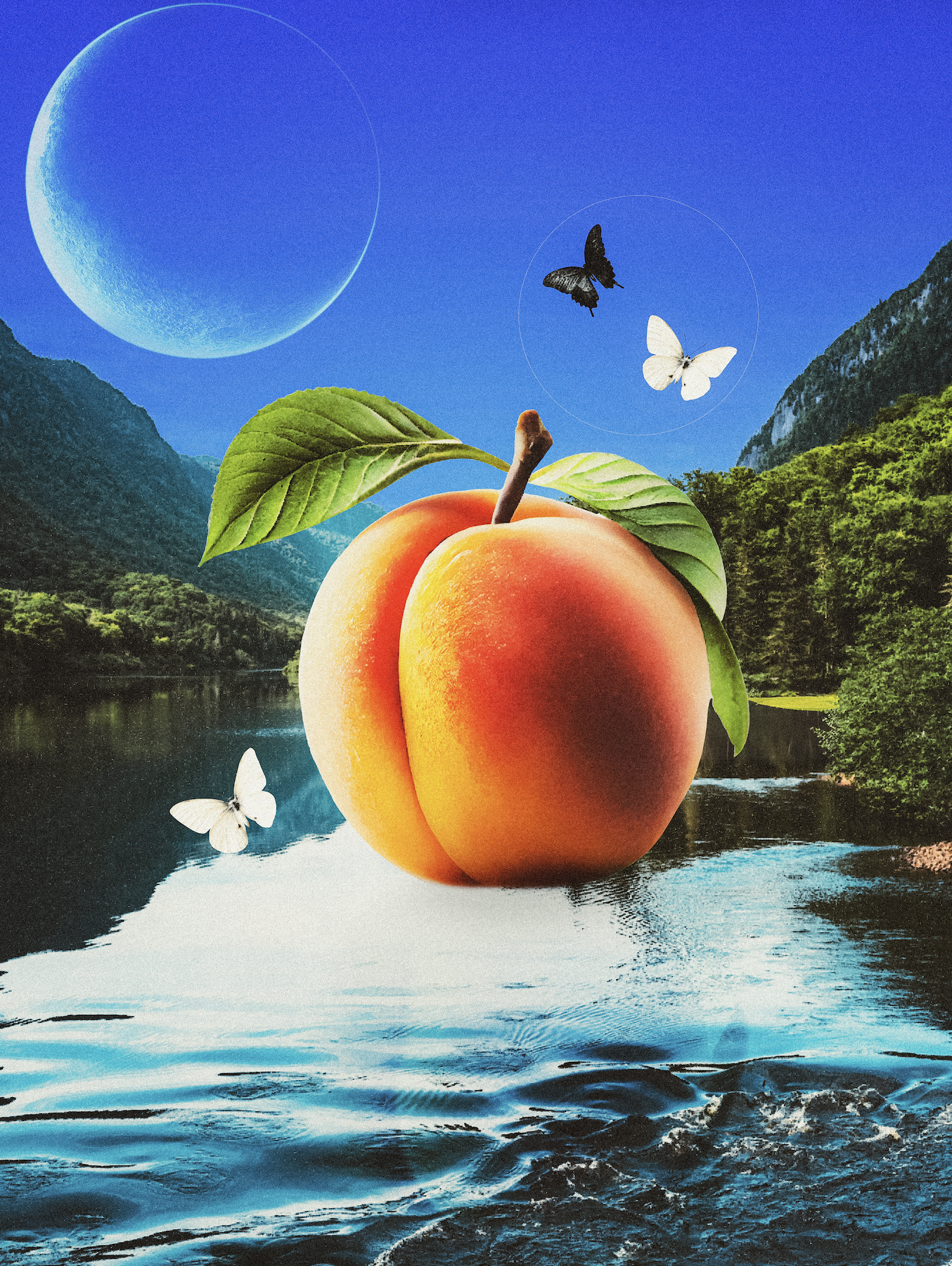 A large peach with green leaves floating above a river, with mountains, green trees, a blue sky, a large crescent moon, and blue and white butterflies in the sky.