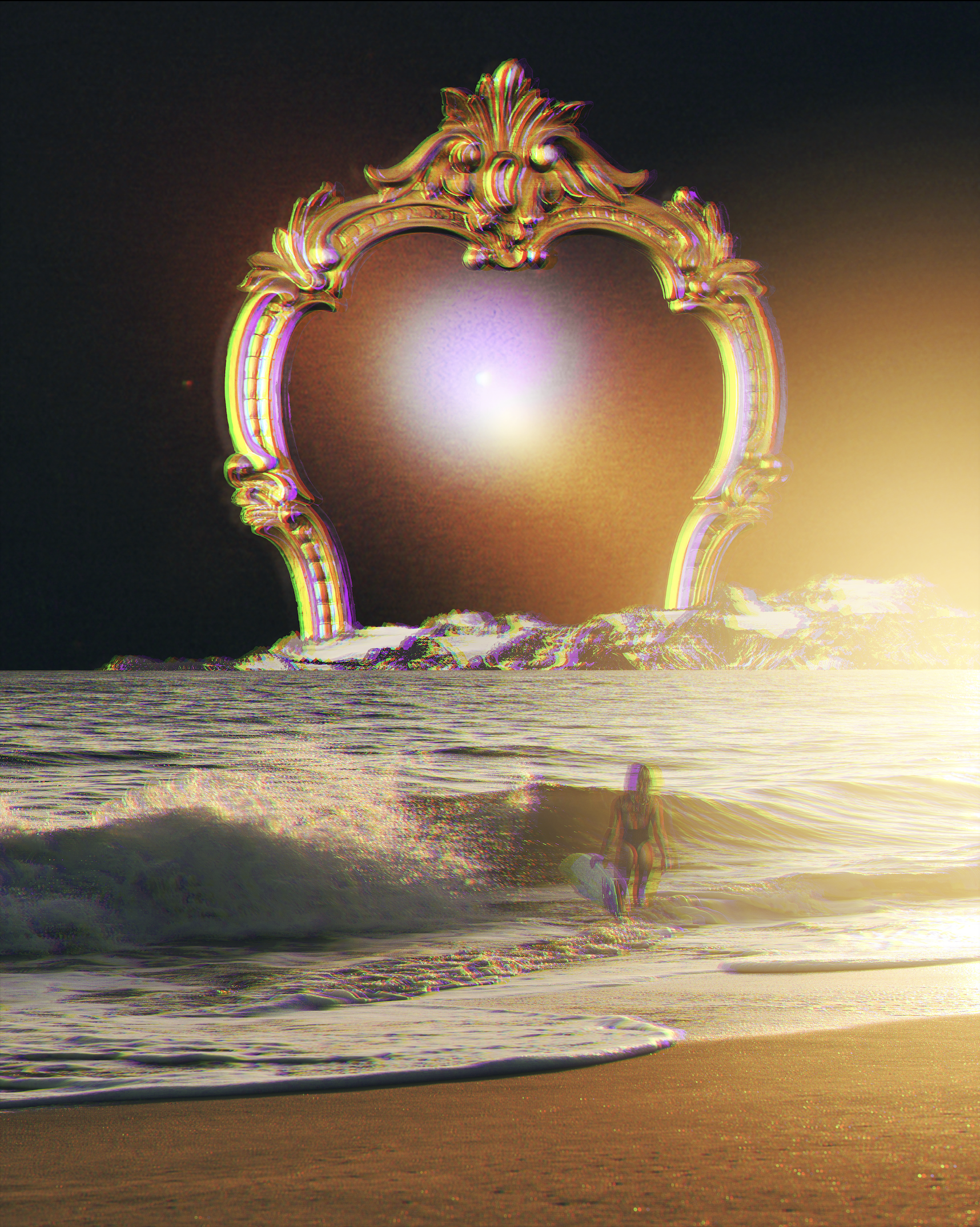 A surfer at the beach carrying a surfboard, looking towards an enormous ornate heart-shaped arch with a lion's head at the top, set against a sunset or sunrise over the ocean.
