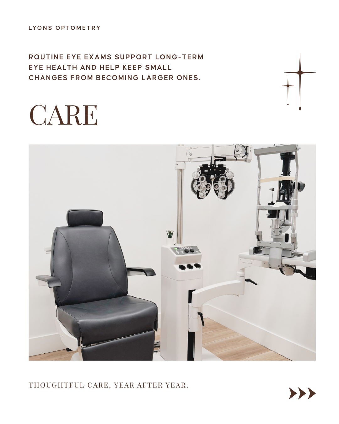An eye doctor's office with a black examination chair and ophthalmic equipment, including a phoropter and slit lamp, in a white-walled room.
