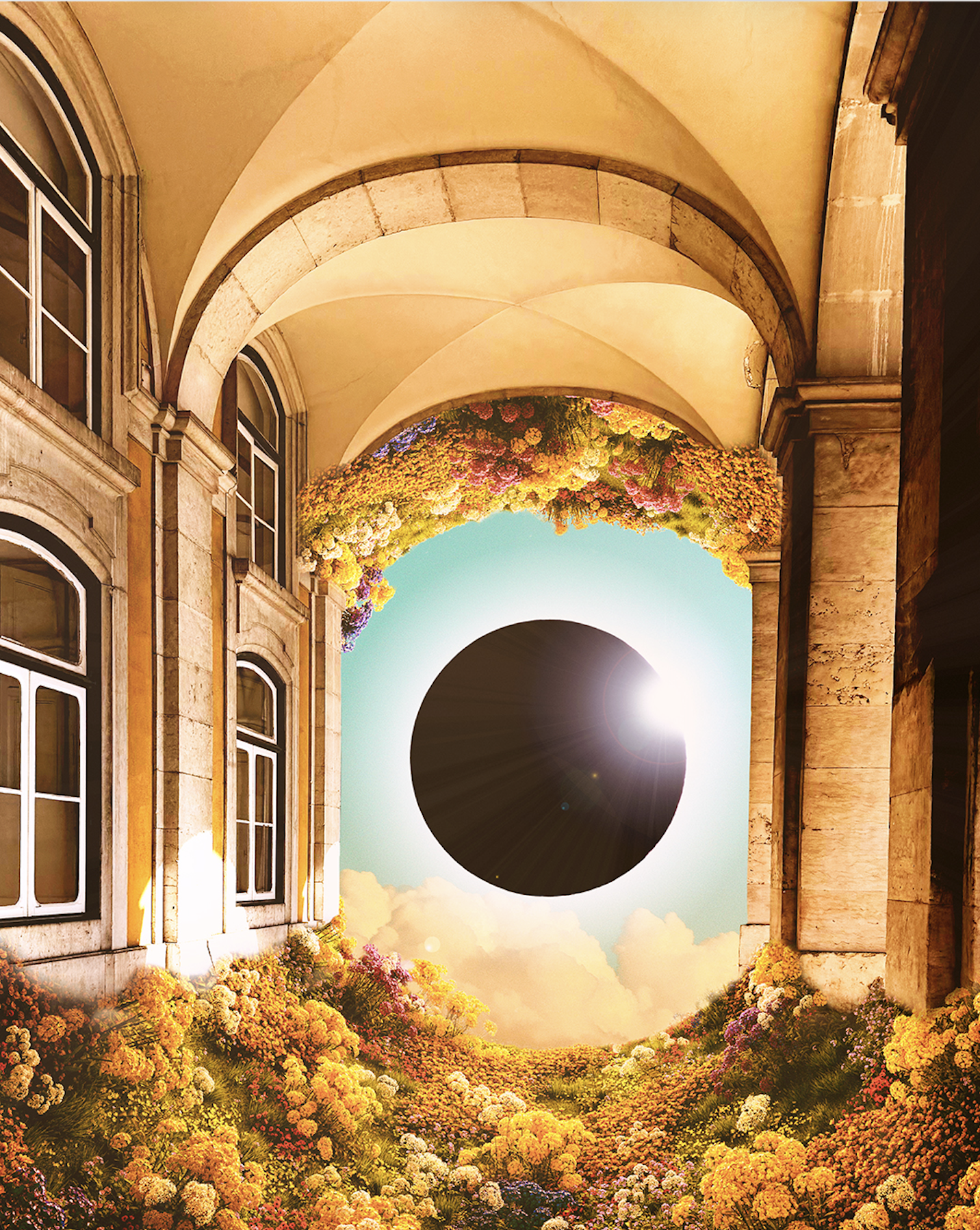 A courtyard with stone building walls and arched ceilings, filled with colorful flowers leading to a large circular opening in the sky showing an eclipse, with clouds and sunlight.