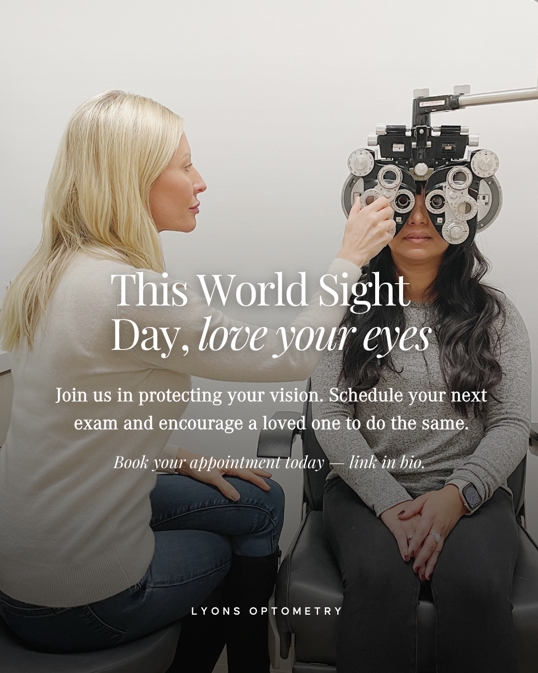 Optometrist conducting eye exam on woman with phoropter, eye testing equipment, in an eye clinic