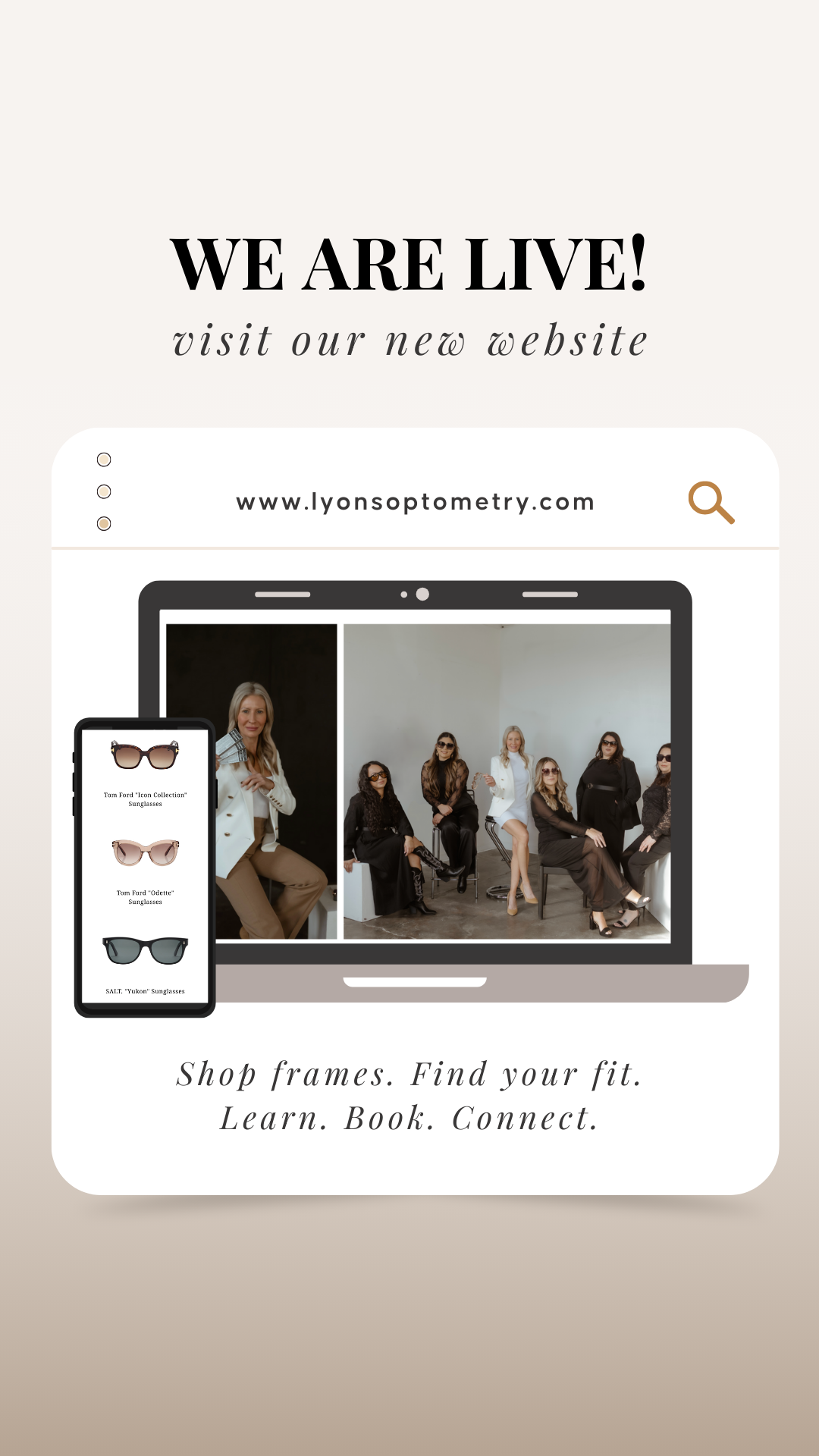 A promotional graphic for lyonsoptometry.com showing a virtual consultation with a group of women trying on glasses