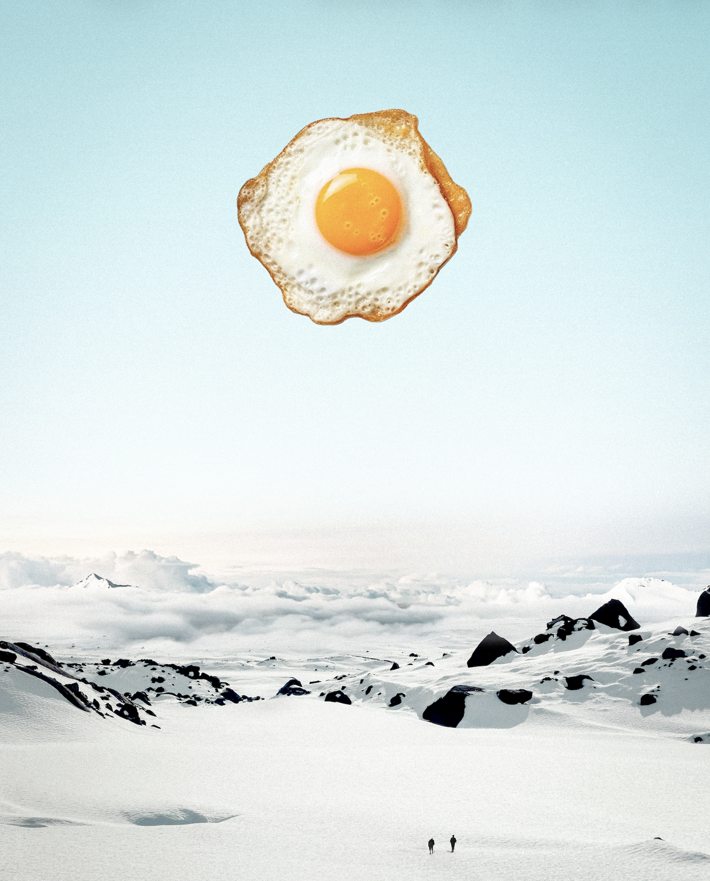 A frozen, snowy landscape with two small figures walking in the distance and a bright, clear sky. Overhead, a fried egg is floating in the sky.