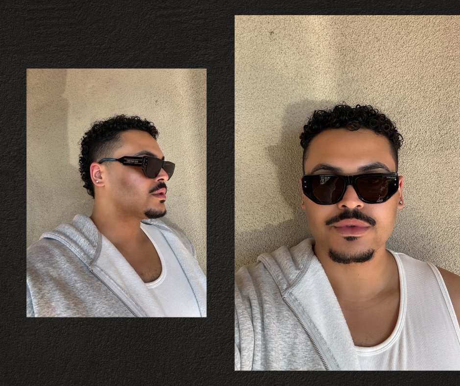 A side profile photo of a man wearing sunglasses, a gray hoodie, and a white tank top, standing against a beige wall with another selfie of him wearing sunglasses and a white tank top, taken from a frontal view.