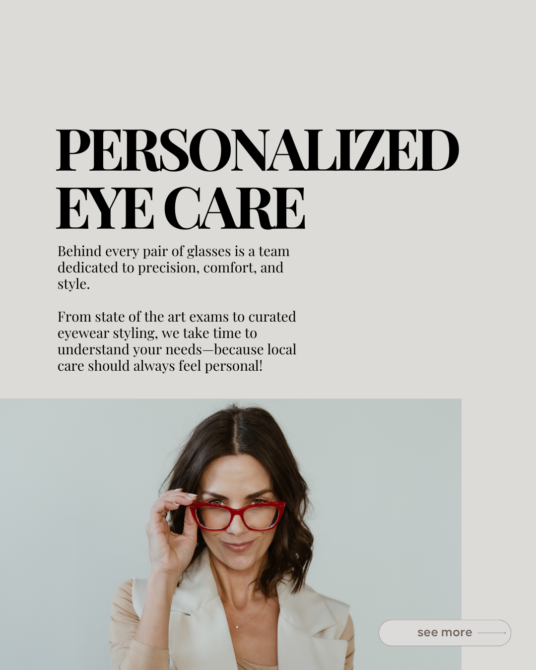 A woman with dark hair and red glasses smiling, dressed in a light-colored blazer, looking directly into the camera.