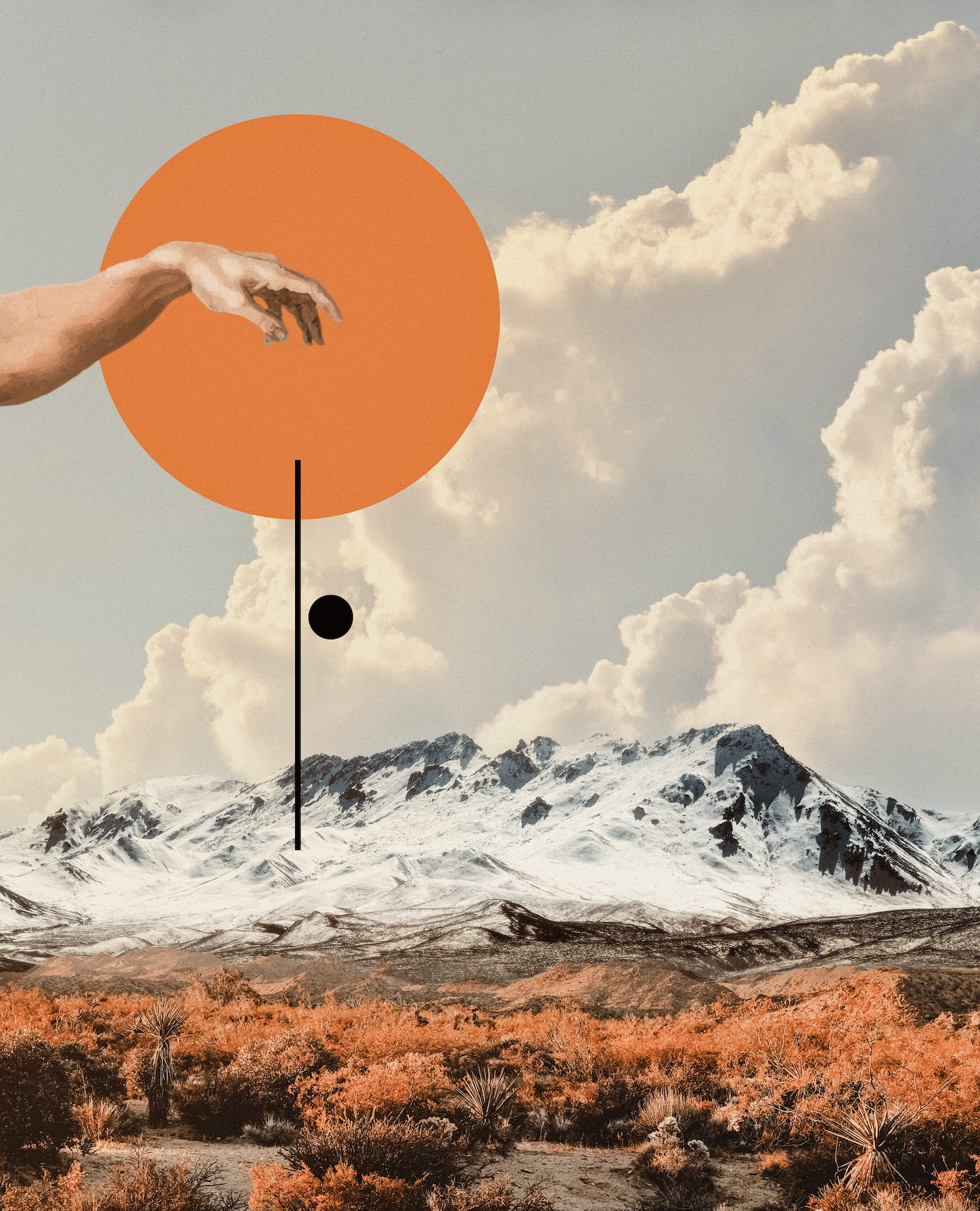 A digital collage with a mountain landscape, a red sun, and a hand reaching toward the sun.