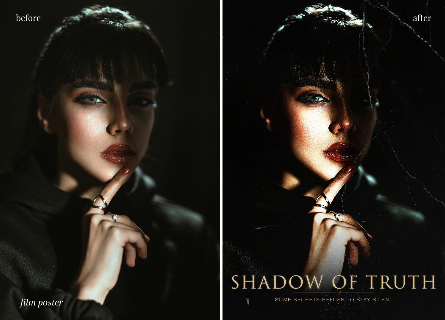 A side-by-side comparison of a woman with dark hair and makeup in a film poster. The left side labeled 'before', the right side labeled 'after', with the title 'Shadow of Truth' and the subtitle 'Some secrets refuse to stay silent'