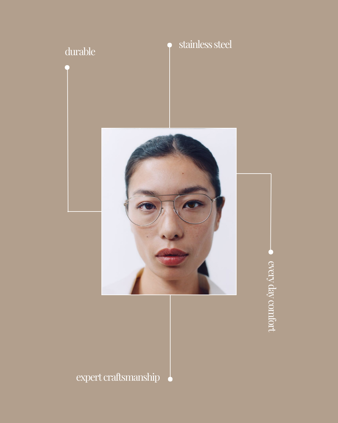 A woman wearing glasses with a white background depicted on a brown graphic with white text highlighting durability, stainless steel, every day comfort, and expert craftsmanship.