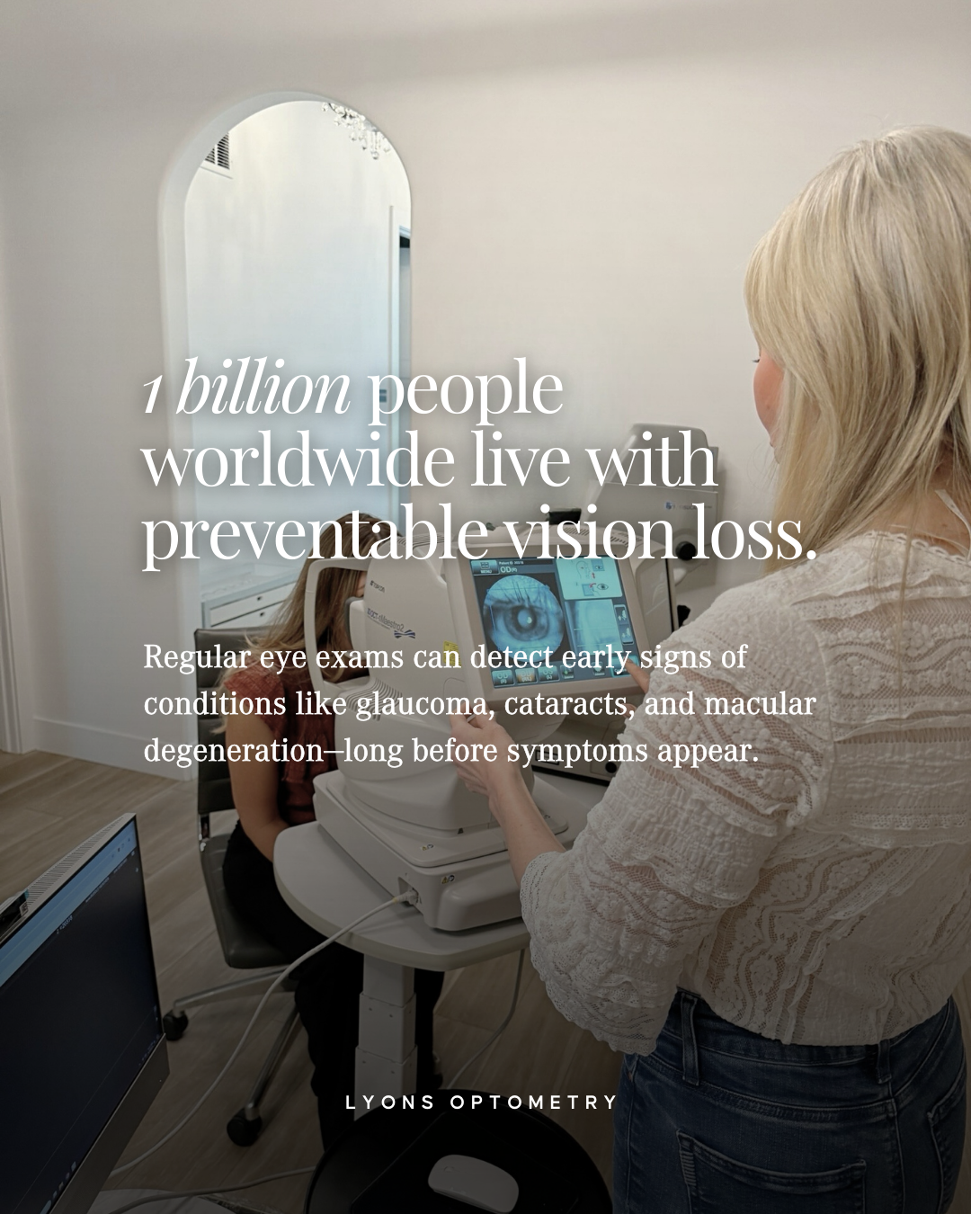 A woman undergoing an eye exam at Lyons Optometry using specialized equipment in a clinical setting.