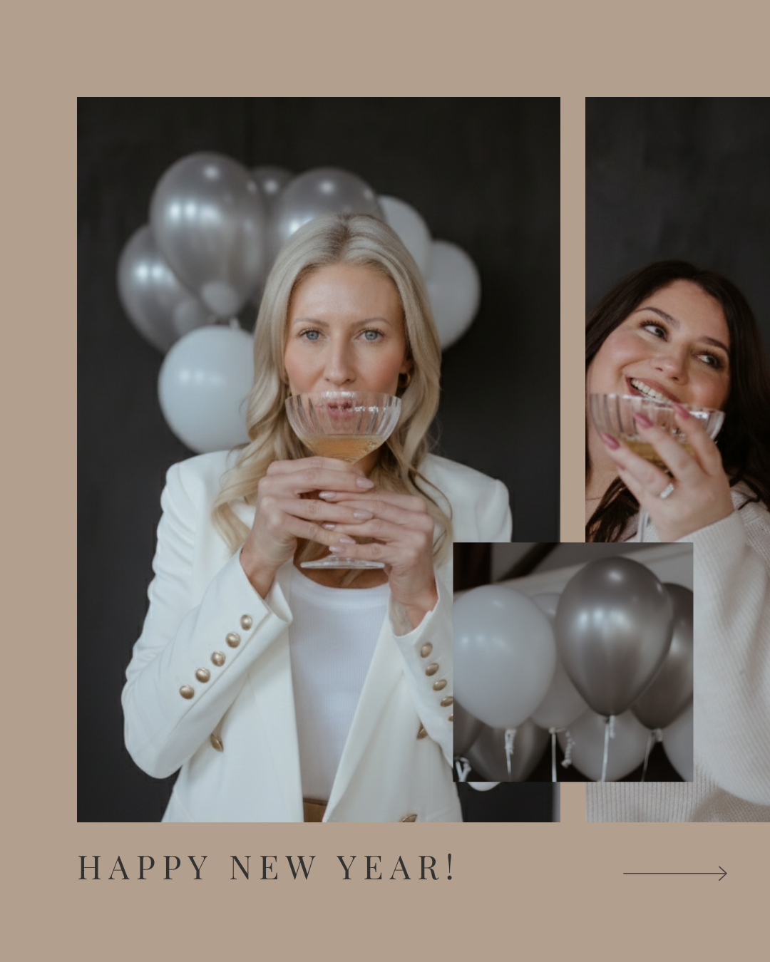 Two women celebrating New Year's with champagne and balloons, one with blonde hair and one with dark hair, against a dark background filled with balloons, with a beige border and "HAPPY NEW YEAR!" text at the bottom.