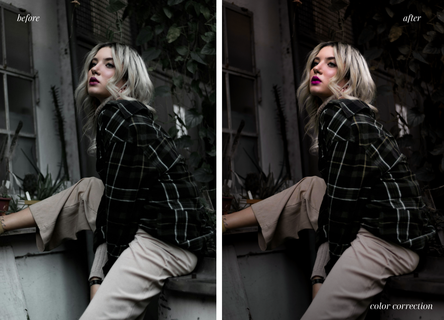 Side-by-side comparison of a woman with blonde hair in a plaid shirt and beige pants, sitting against a greenhouse wall, with the left image showing the original and the right image showing the color corrected version.