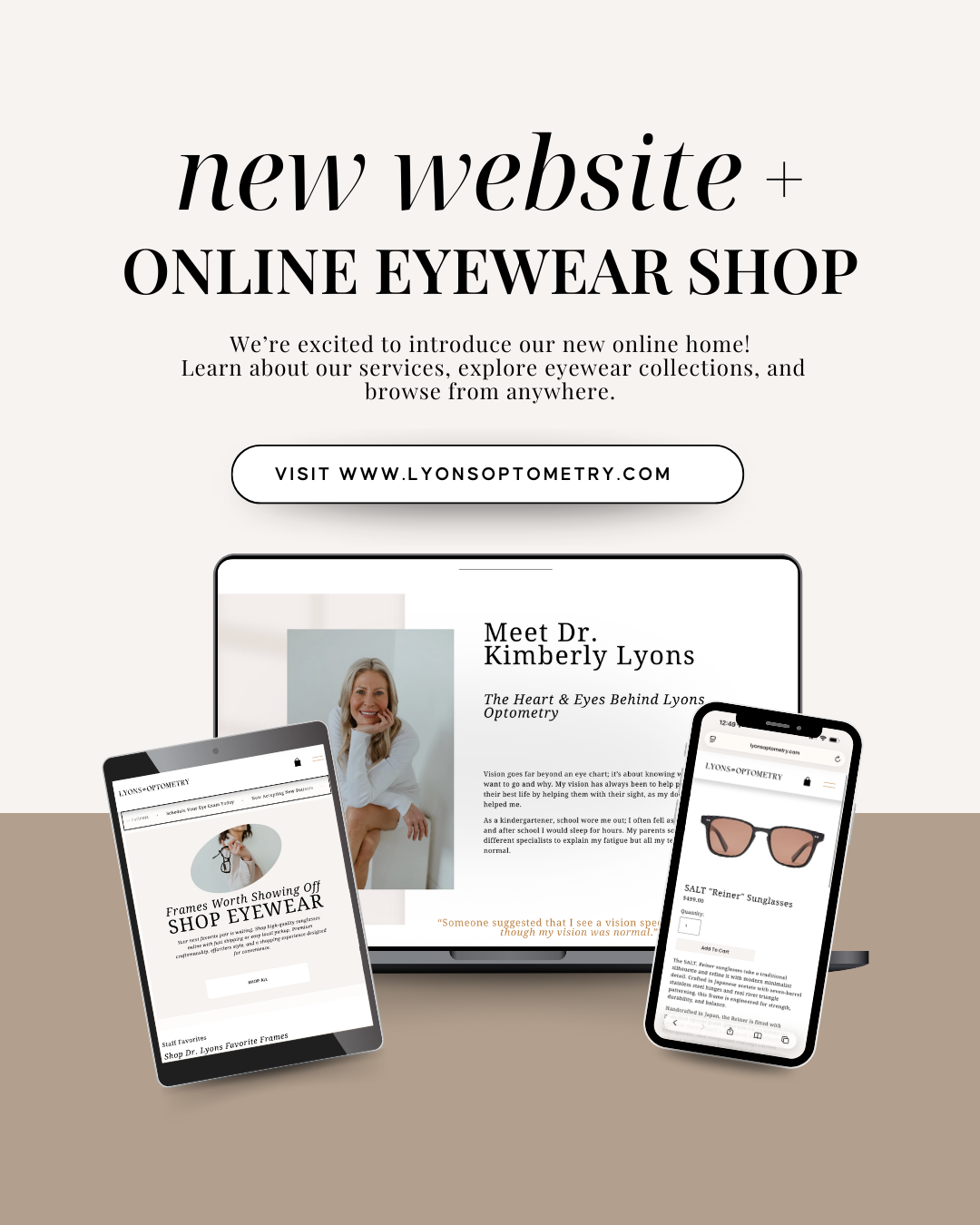 Announcement for a new online eyewear shop and website launch, featuring a laptop and two smartphones displaying eyewear products.