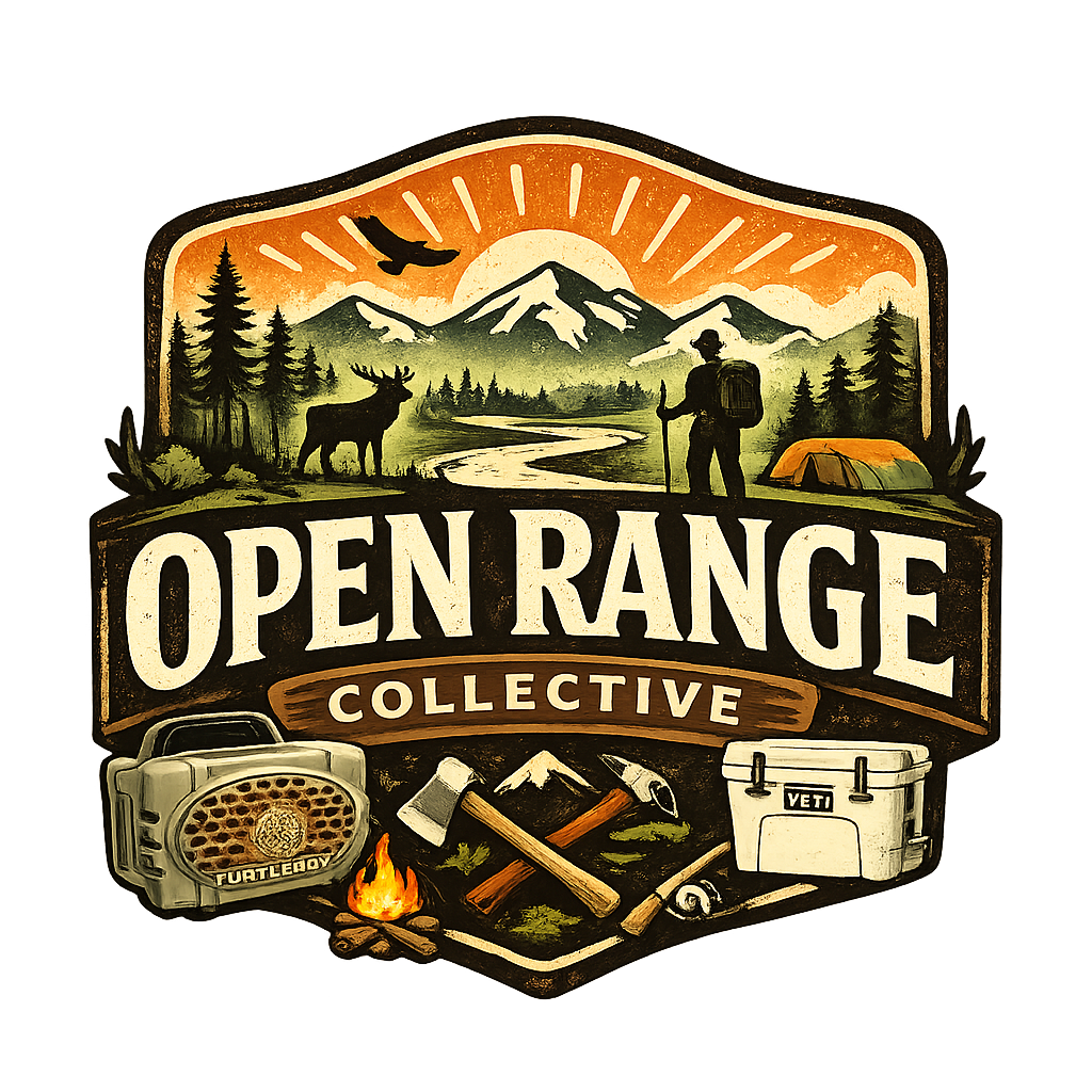 An outdoor adventure-themed emblem featuring mountains, a hiker, a tent, a moose, a campfire, a speaker, an axe, a hammer, and a cooler, with the text 'Open Range Collective'.