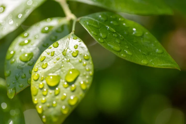 Green leaves with water droplets on them.
