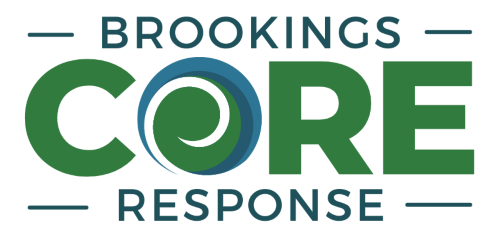 Logo for Brookings CORE Response in teal and green text, the O in core is a swirling blue and green wave.