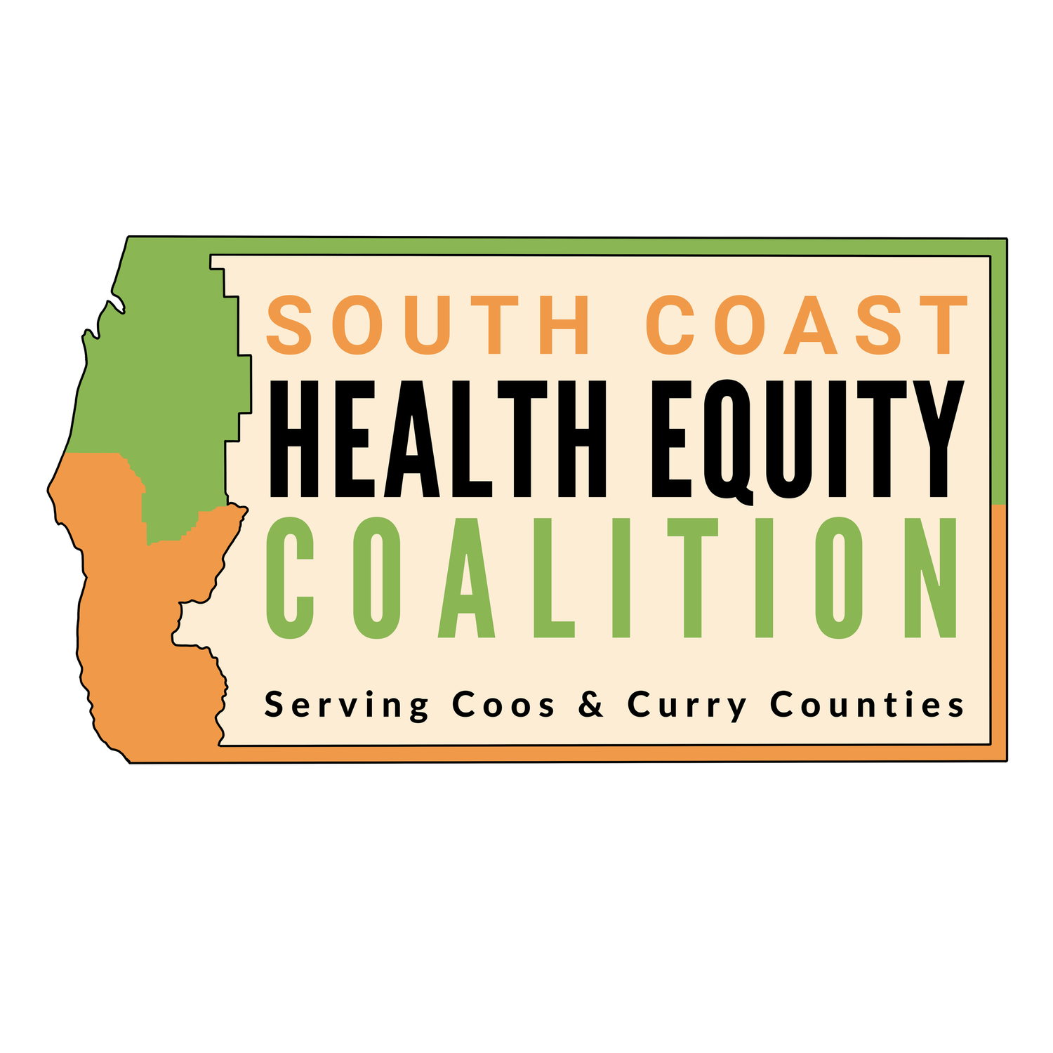 Logo the shape of Coos and Curry Counties in green and orange, text says South Coast Health Equity Coalition in orange black and green, small text says Serving Coos and Curry Counties.