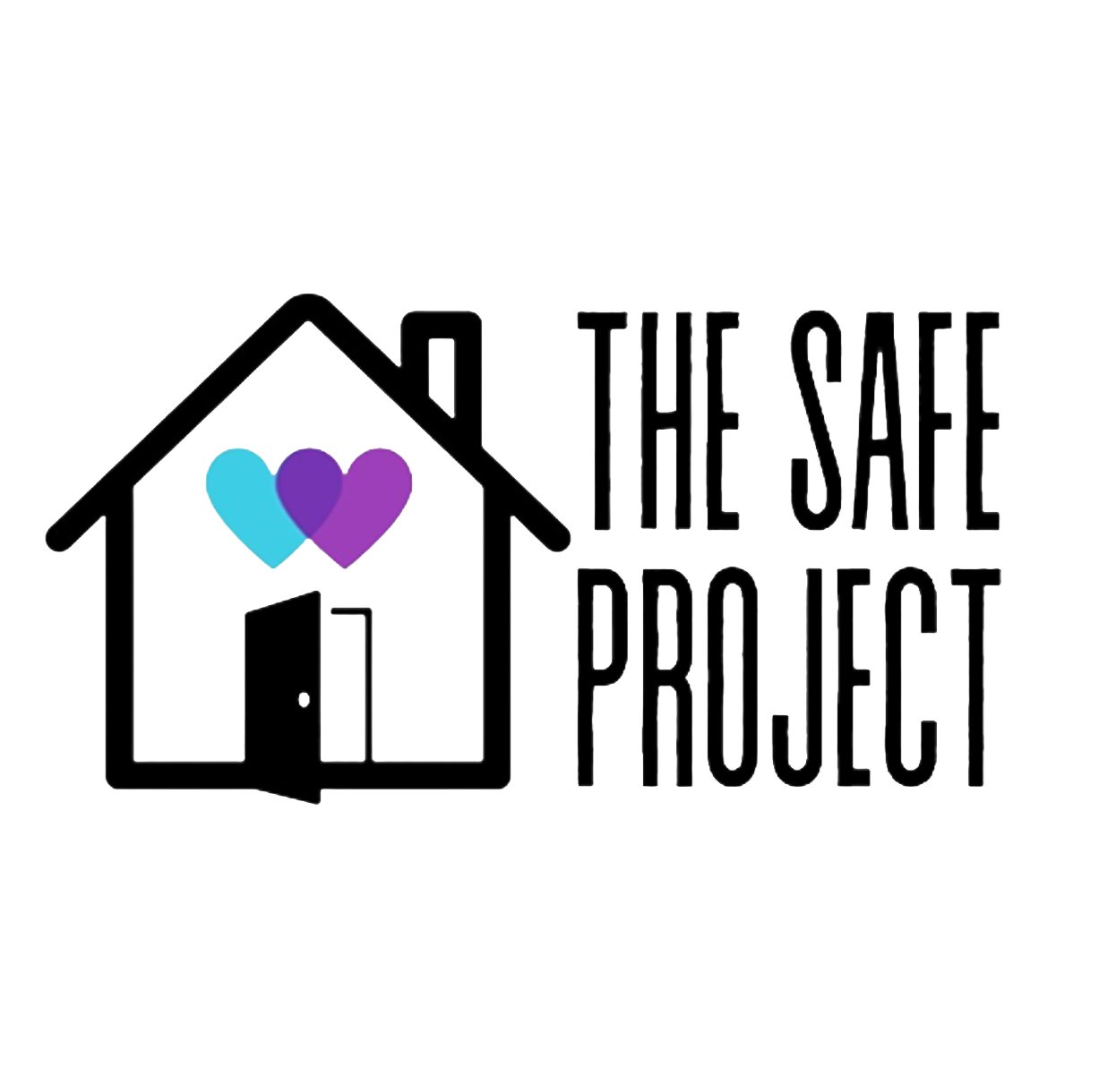Logo with black outline of home, chimney and open door, blue and purple hearts overlapping above the door, black text says The SAFE Project.