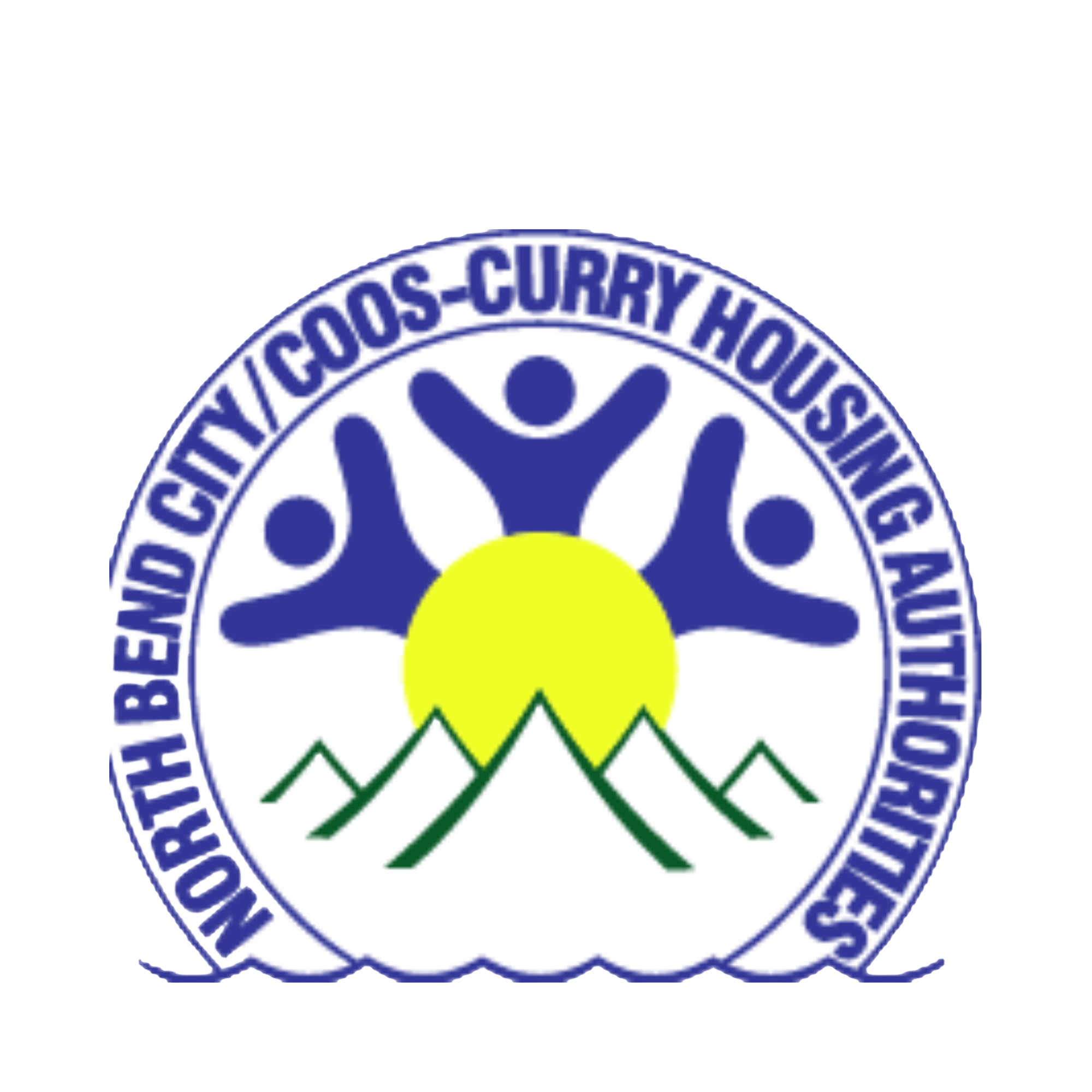 CCNBCHA logo in white sun rising over five mountains three people shapes reaching up from sun, text North Bend City Coos-Curry Housing Authorities.