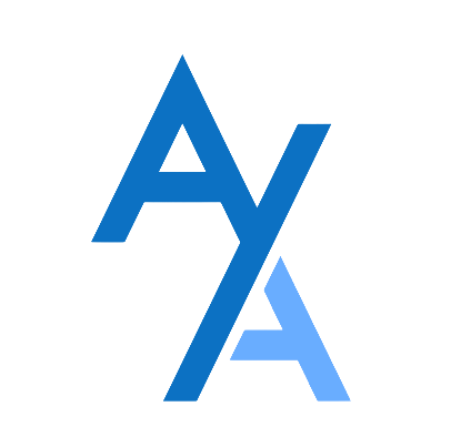 AYA logo white with blue letters.