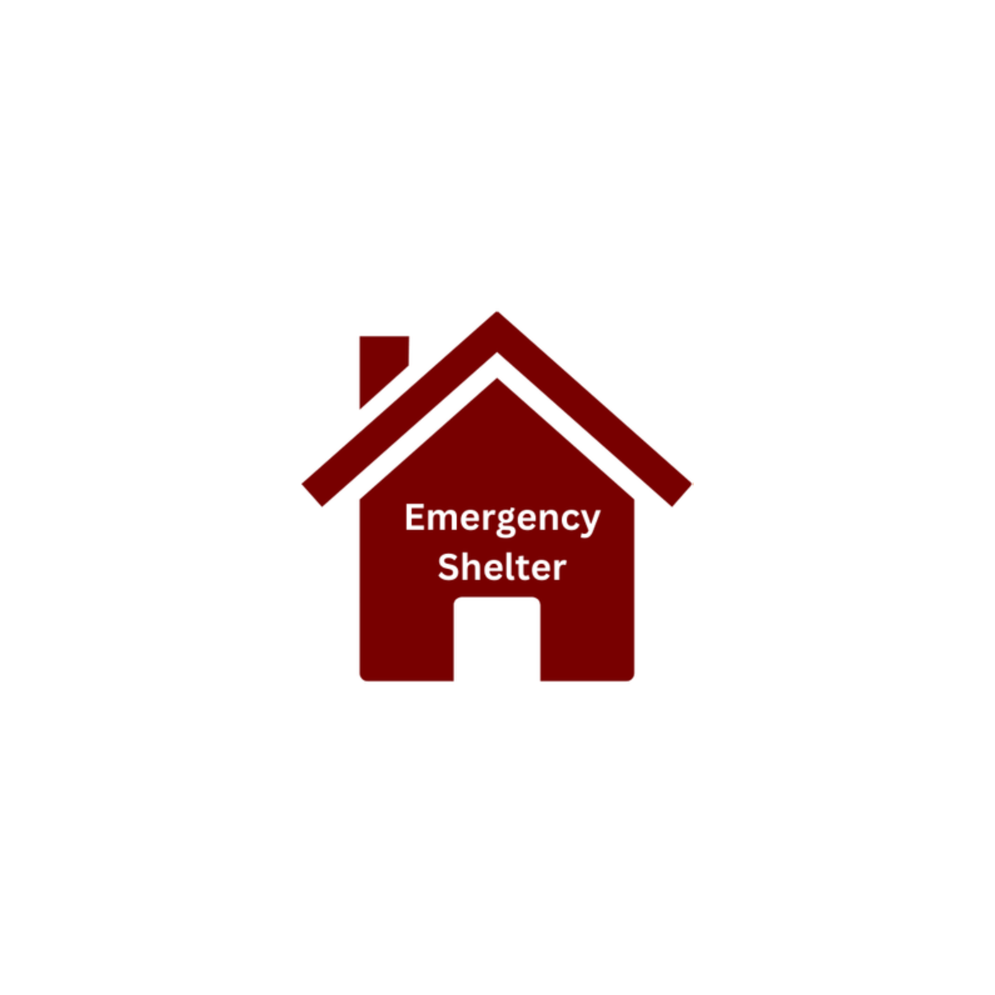 Image of little red house with white text that says Emergency Shelter.
