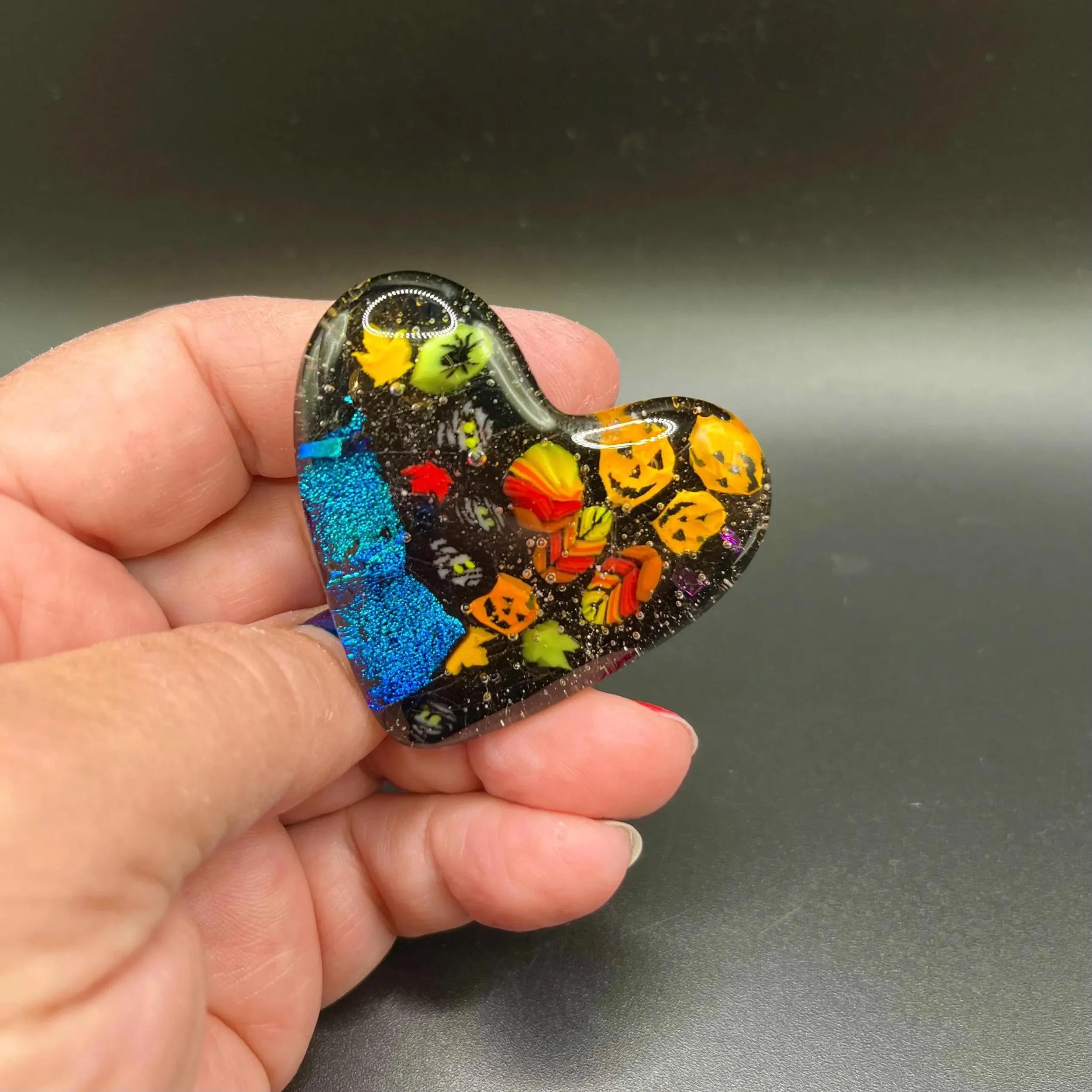 Handmade Halloween/Autumn Dichroic Glass Heart Objet D'Art Keepsakes