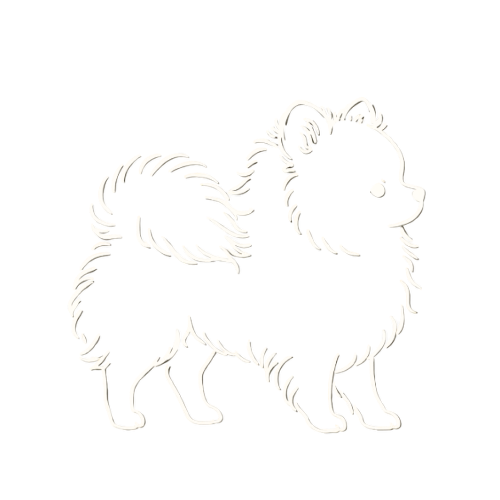 A Pom's World logo of a line-art style Pomeranian