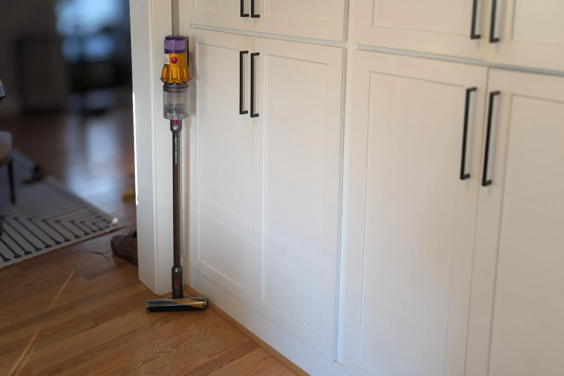 Dyson V12 Detect Slim standing against white built-in cabinets on hardwood floor in a Pomeranian home