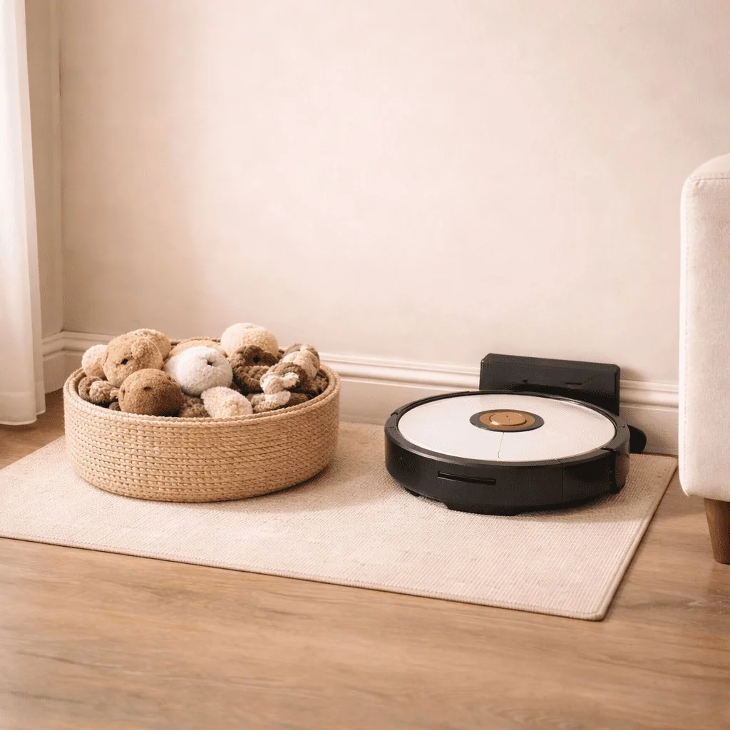 Basket filled with dog toys and robot vacuum. Both tucked in a corner to show off neat, clean flooring
