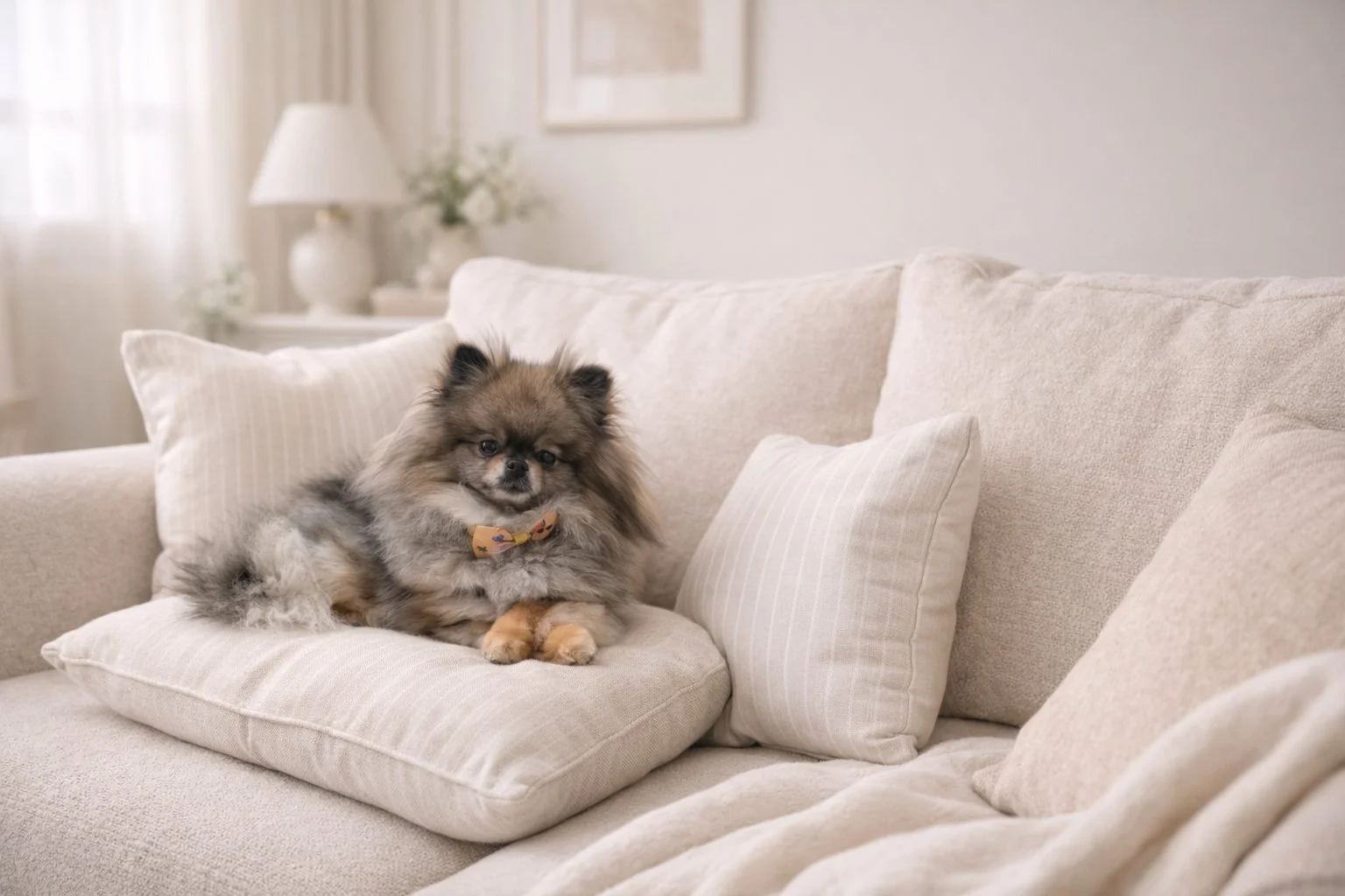 Beignet the wolf sable Pomeranian relaxing on a cream linen sofa
