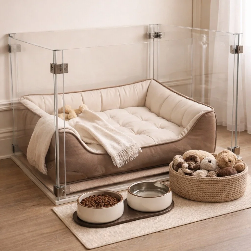 A cozy beige sofa surrounded by a transparent pet enclosure with toys, food, and water bowls, in a well-lit room with wooden flooring.