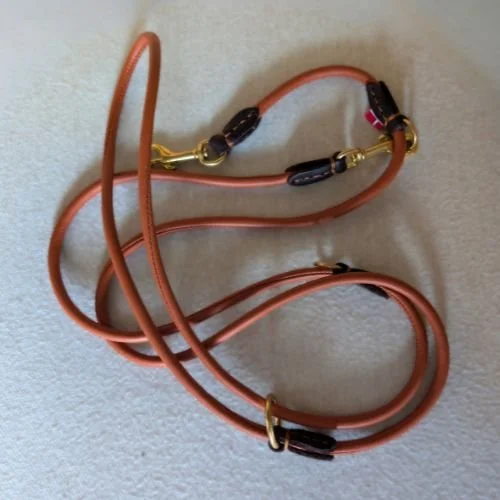 Leather dog leash with metal clasps on a light-colored surface