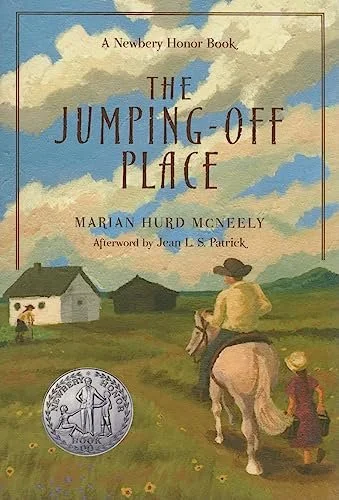 Cover of the book titled 'The Jumping-Off Place' by Marian Hurd McNeely, featuring a pastoral scene from homestead days in South Dakota with a child riding a horse and a boy walking, in front of small farm buildings under a partly cloudy sky.