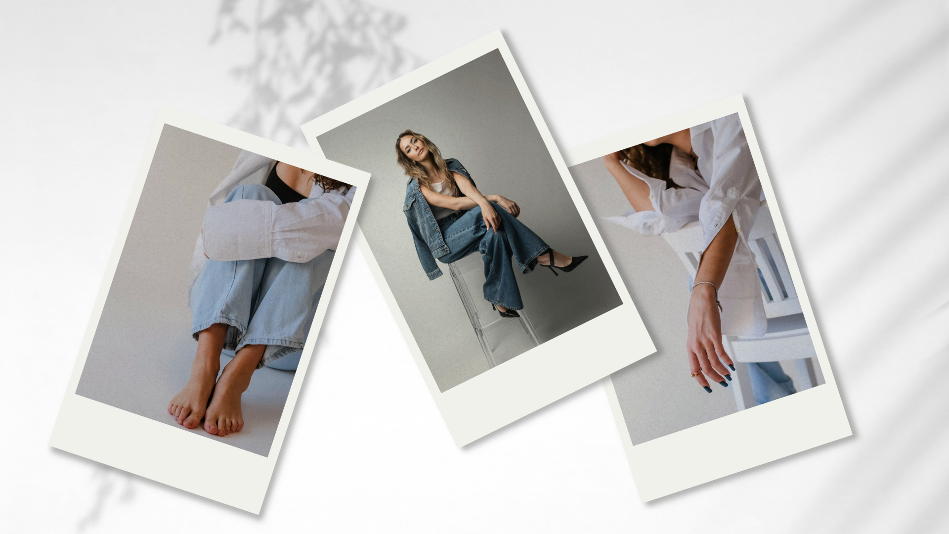 Three Polaroid-style photographs of a woman in casual and stylish clothing, arranged on a white textured surface.