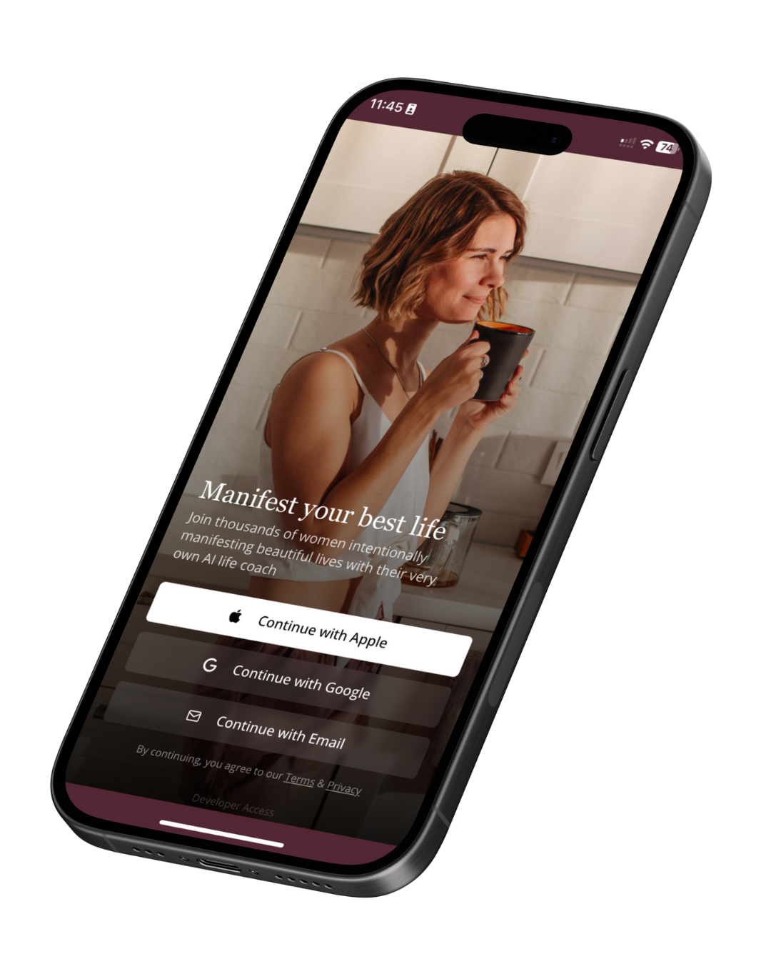 Smartphone screen displaying an app login page for Manifest with Impact with a woman holding a mug, smiling in a kitchen, and options to continue with Apple, Google, or Email.