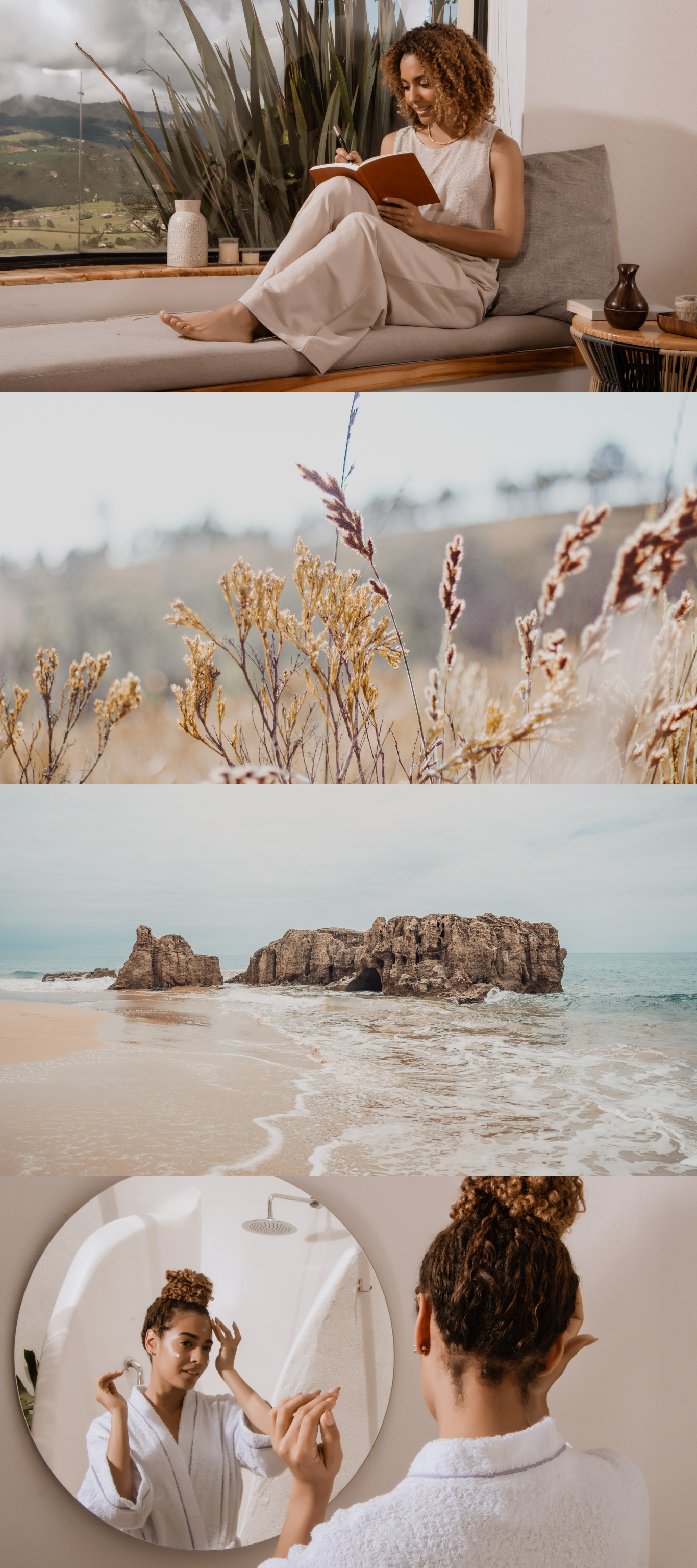 Two women, one sitting on a window seat reading a notebook, and another in a bathroom looking into a mirror while grooming, with natural landscapes featuring plants, grasses, rocky coast, and ocean in the background.
