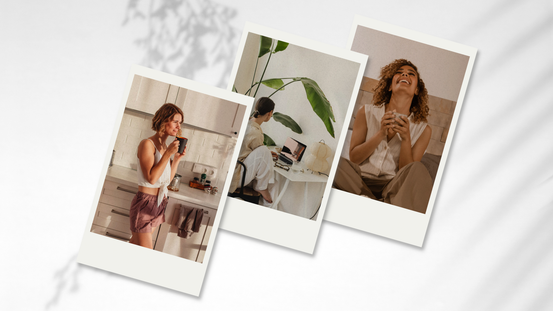 Three Polaroid-style photos of women smiling and enjoying coffee or tea in different indoor settings, arranged overlapping on a light background.