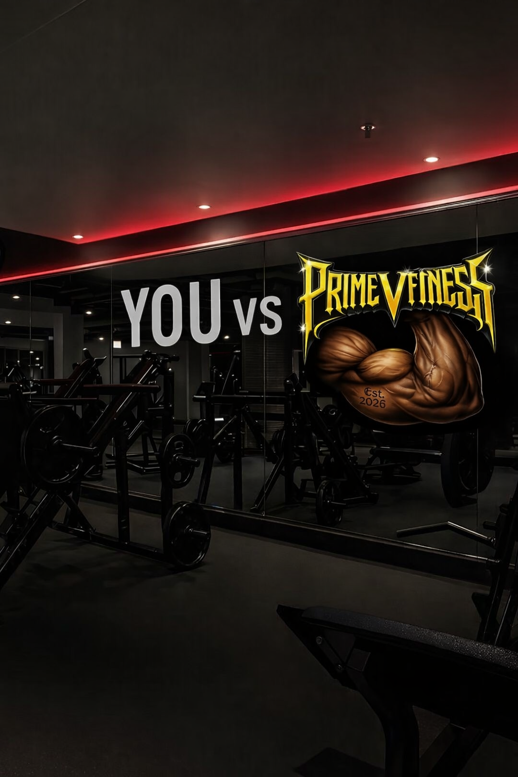 Gym mirror with a motivational poster reading "You vs Prime V Fitness" showing one arm flexing 'Est. 2026' and gym equipment reflected in the mirror.