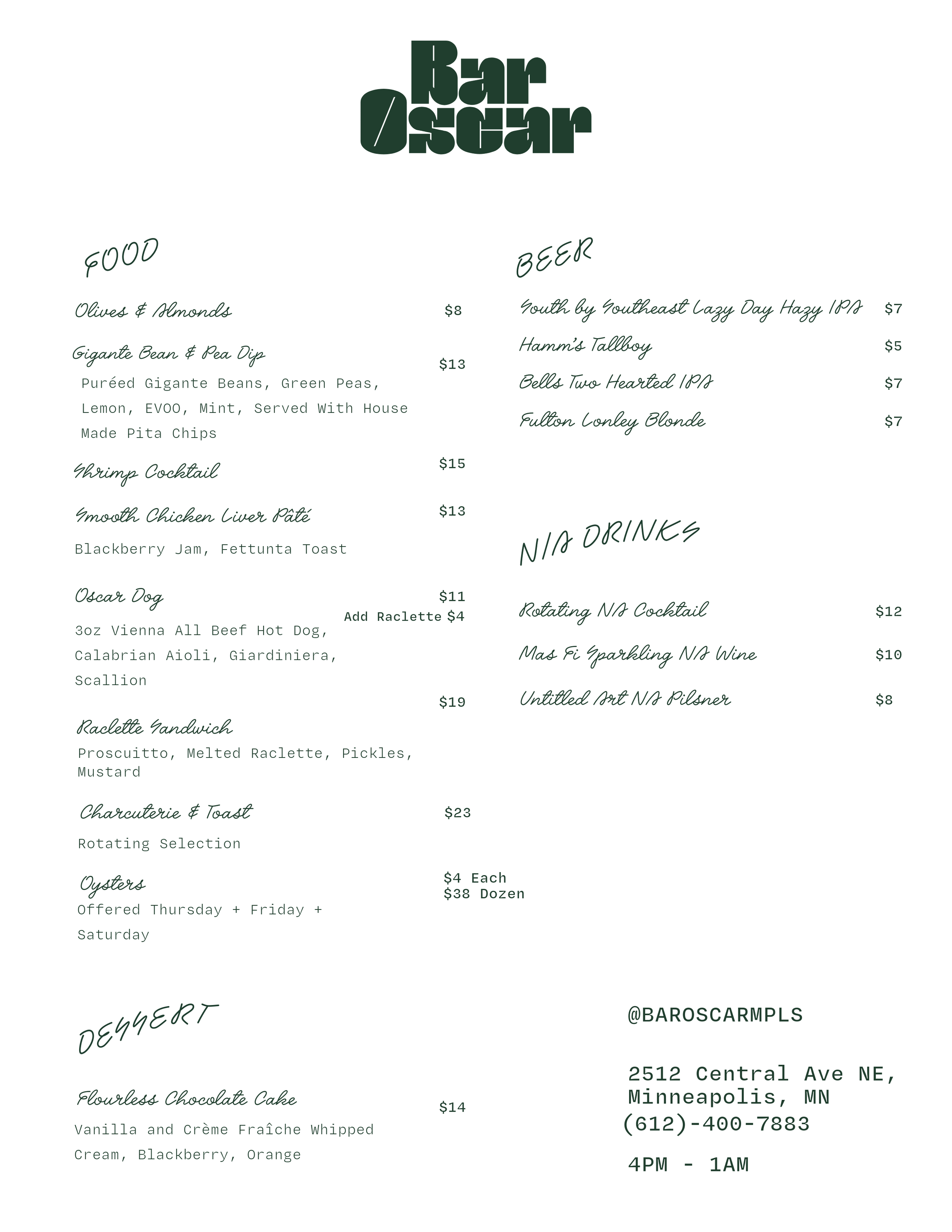 A menu from Bar Oscar featuring food, beer, and dessert options, with sections for appetizers, small plates, and desserts, and details about the location and hours at the bottom.