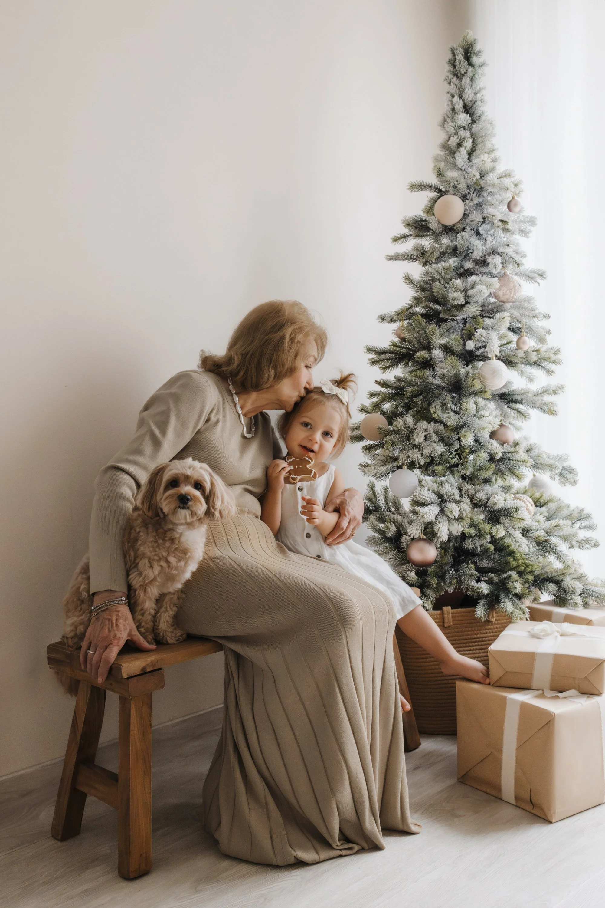 Grandmother, young girl, and dog sitting on a wooden bench next to a Christmas tree with wrapped presents underneath, in a cozy decorated room.