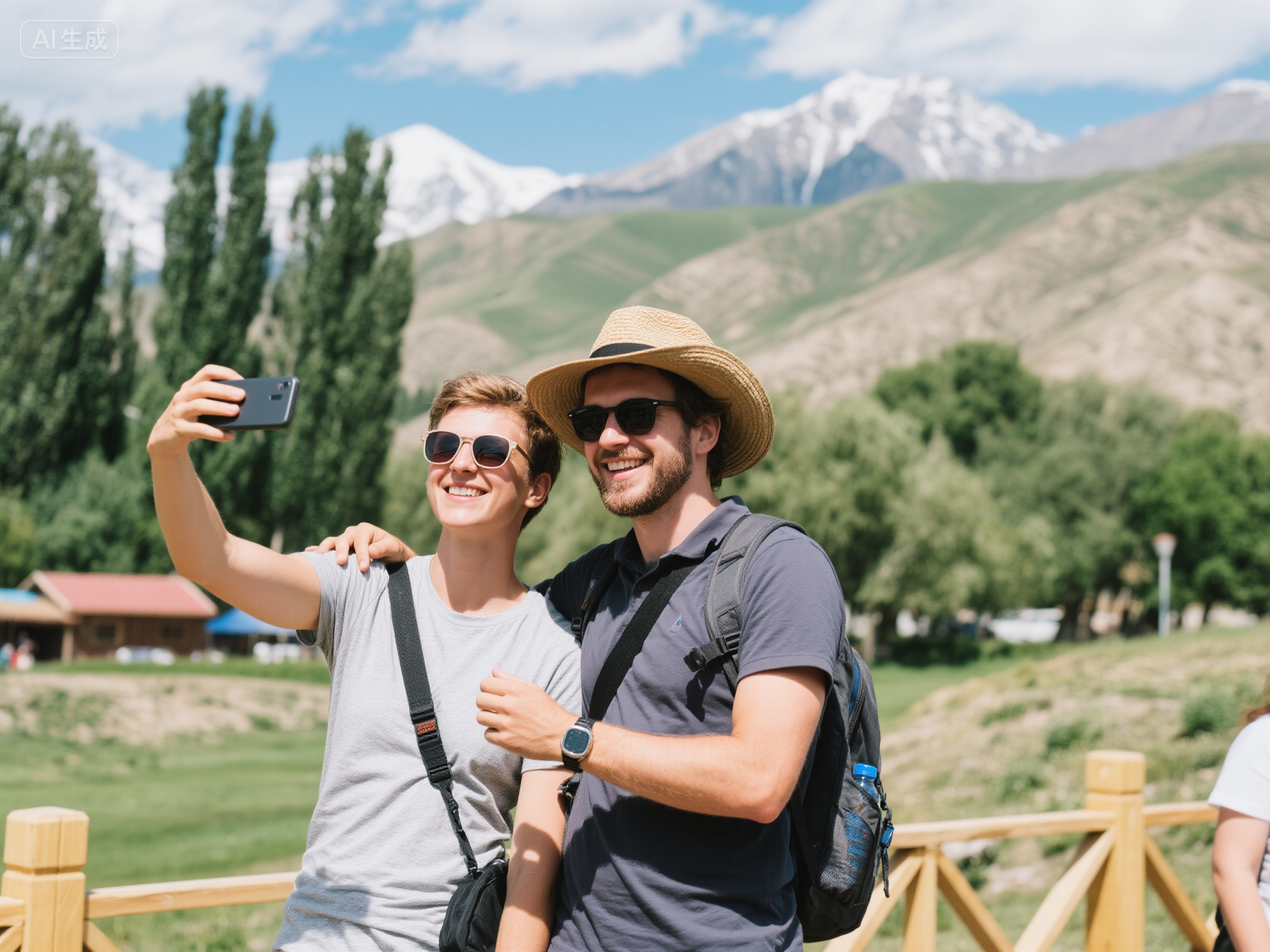 A young woman and man smiling and taking a selfie outdoors with mountains and trees in the background. Yunnan tour