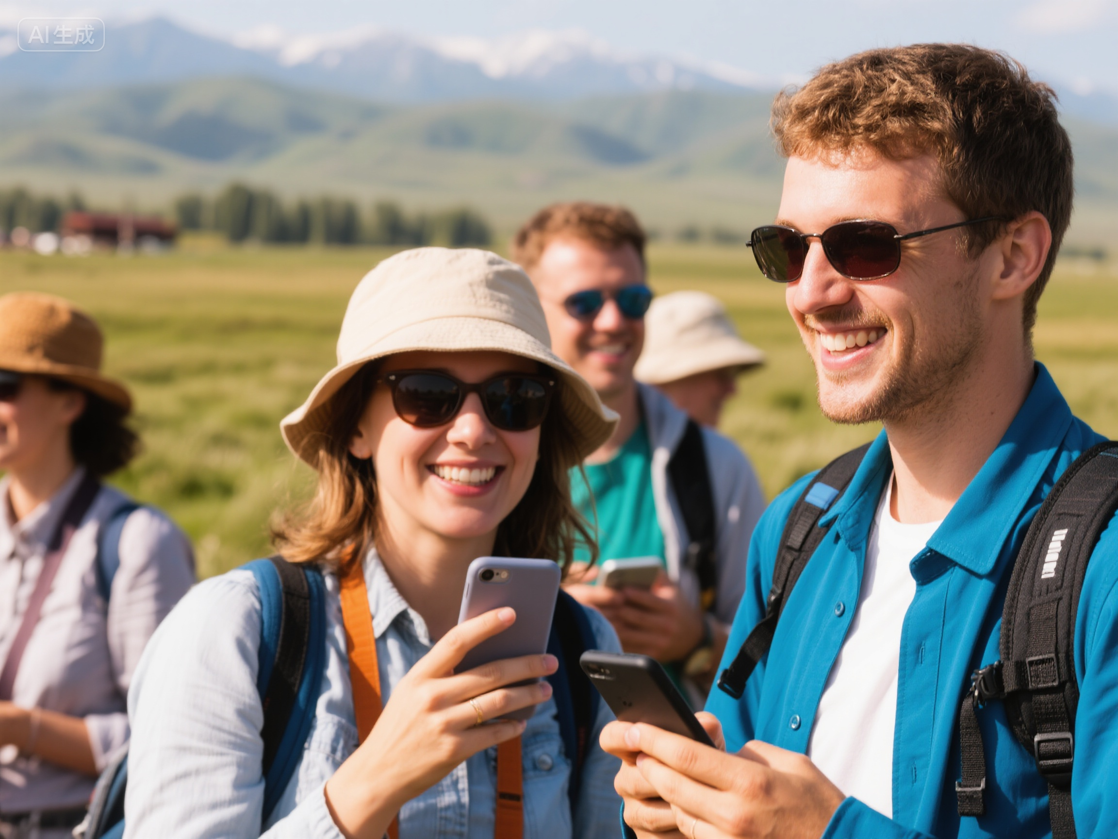 Group of smiling people on a hike, looking at their smartphones outdoors with mountains in the background.