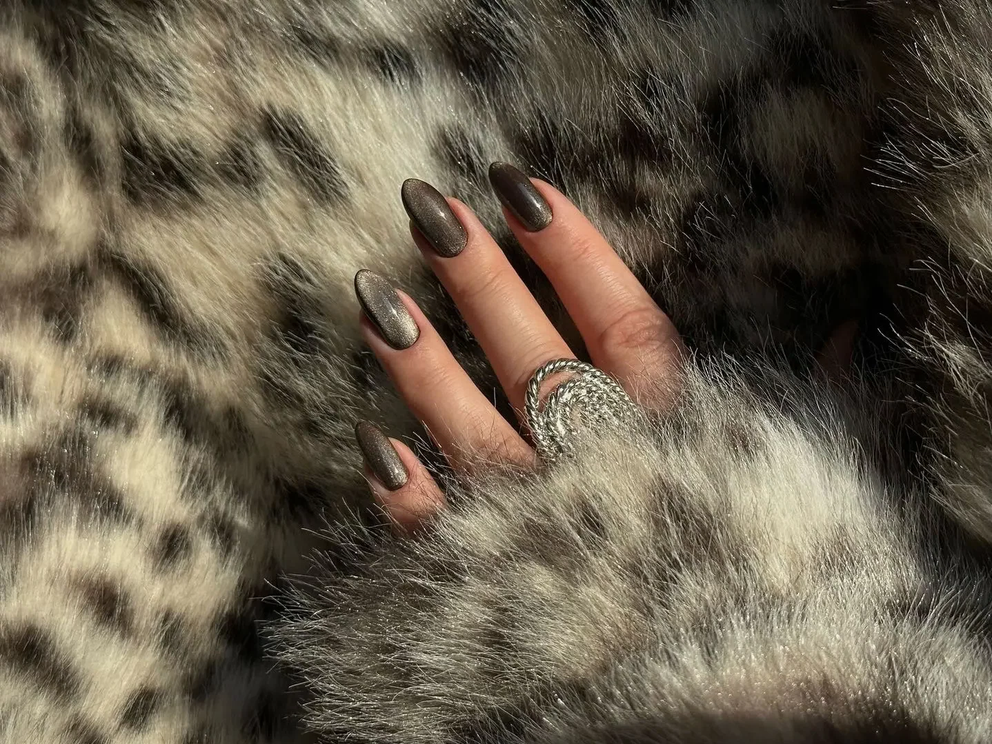 Close-up of a hand with metallic painted fingernails resting on leopard print fur, adorned with multiple silver rings.